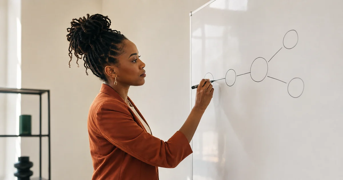 A content strategist planning an SEO workflow on a whiteboard