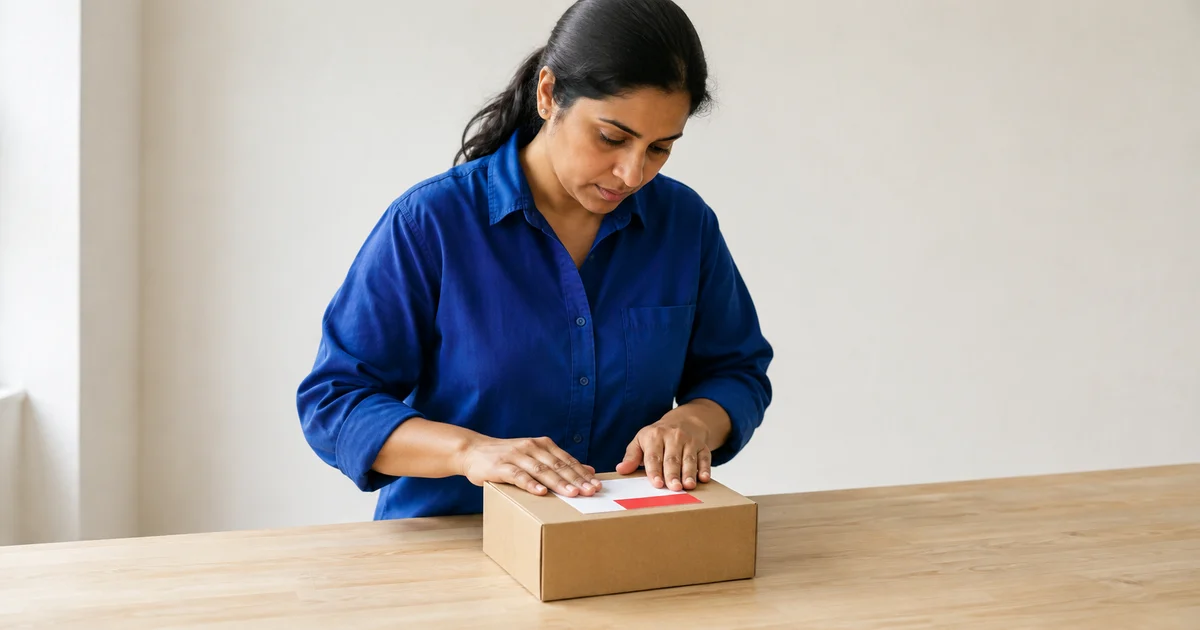 A Polish ecommerce content specialist preparing a customer parcel