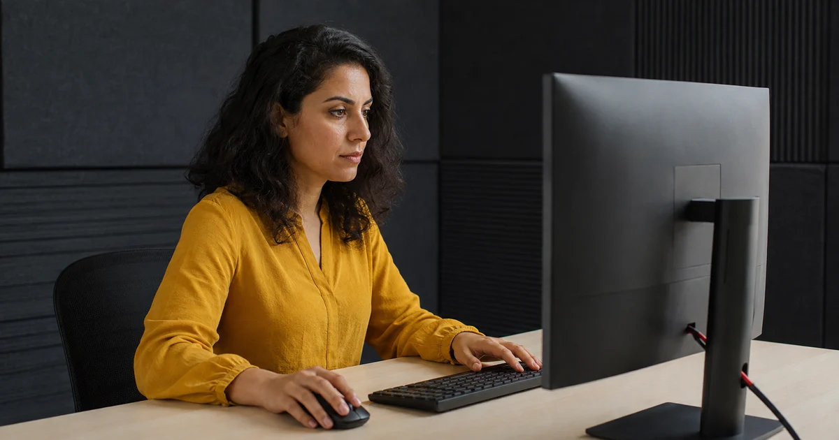 A Polish SEO analyst researching keywords at a desktop workstation