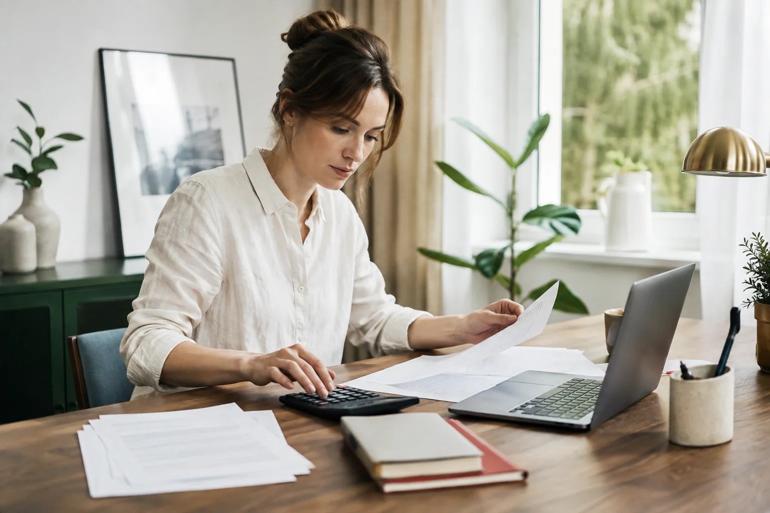 A language consultant reviewing project documents and calculating a translation quote